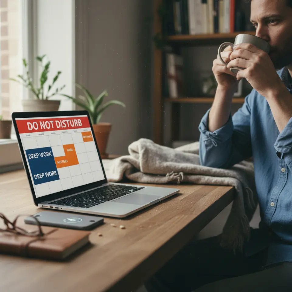 A vibrant, color-coded digital calendar displayed on a laptop screen, with bold deep-work blocks, shorter email slots, and a prominent ‘Do Not Disturb’ label—surrounded by a muted-notifications smartphone and a pair of glasses