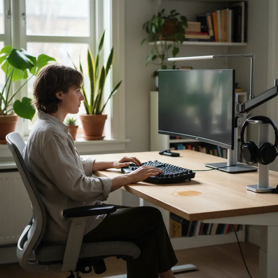 A minimalist ergonomic workspace: an adjustable sit-stand desk, an eye-level monitor, a comfortable chair, natural light from a nearby window, potted green plants, a neutral-white LED desk lamp, and noise-canceling headphones neatly placed on the desk
