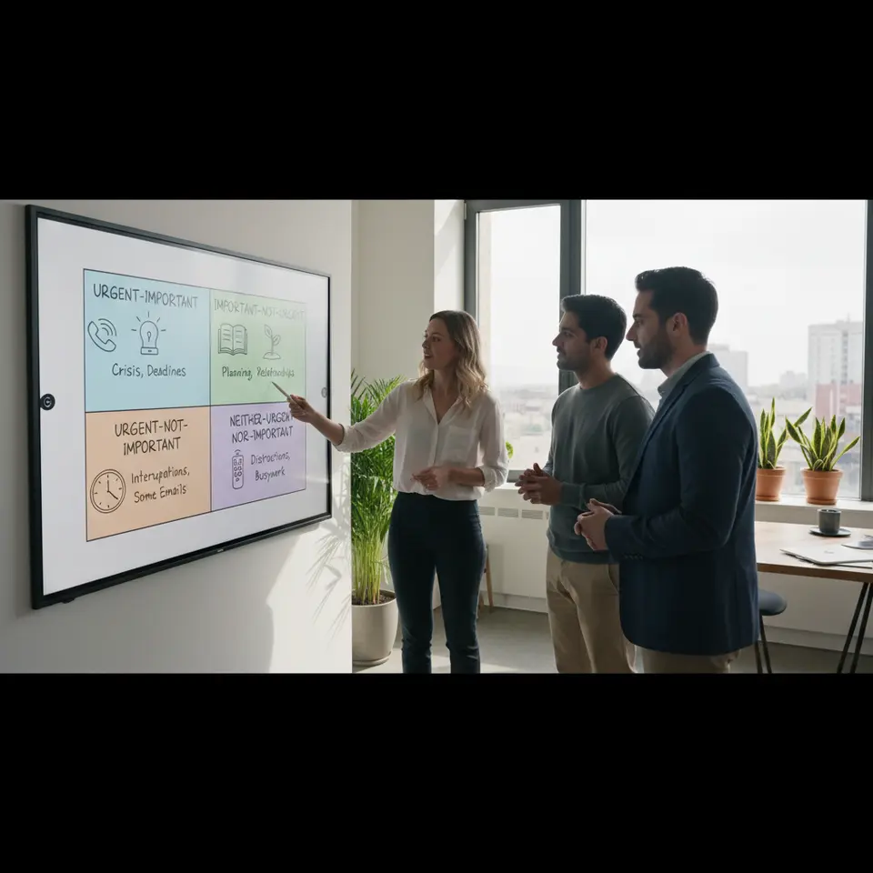 A clean, modern four-quadrant Eisenhower Matrix infographic: each quadrant labeled Urgent-Important, Important-Not-Urgent, Urgent-Not-Important, and Neither-Urgent-Nor-Important; with simple icons or example tasks in each section, pastel color blocks, and a digital whiteboard style layout