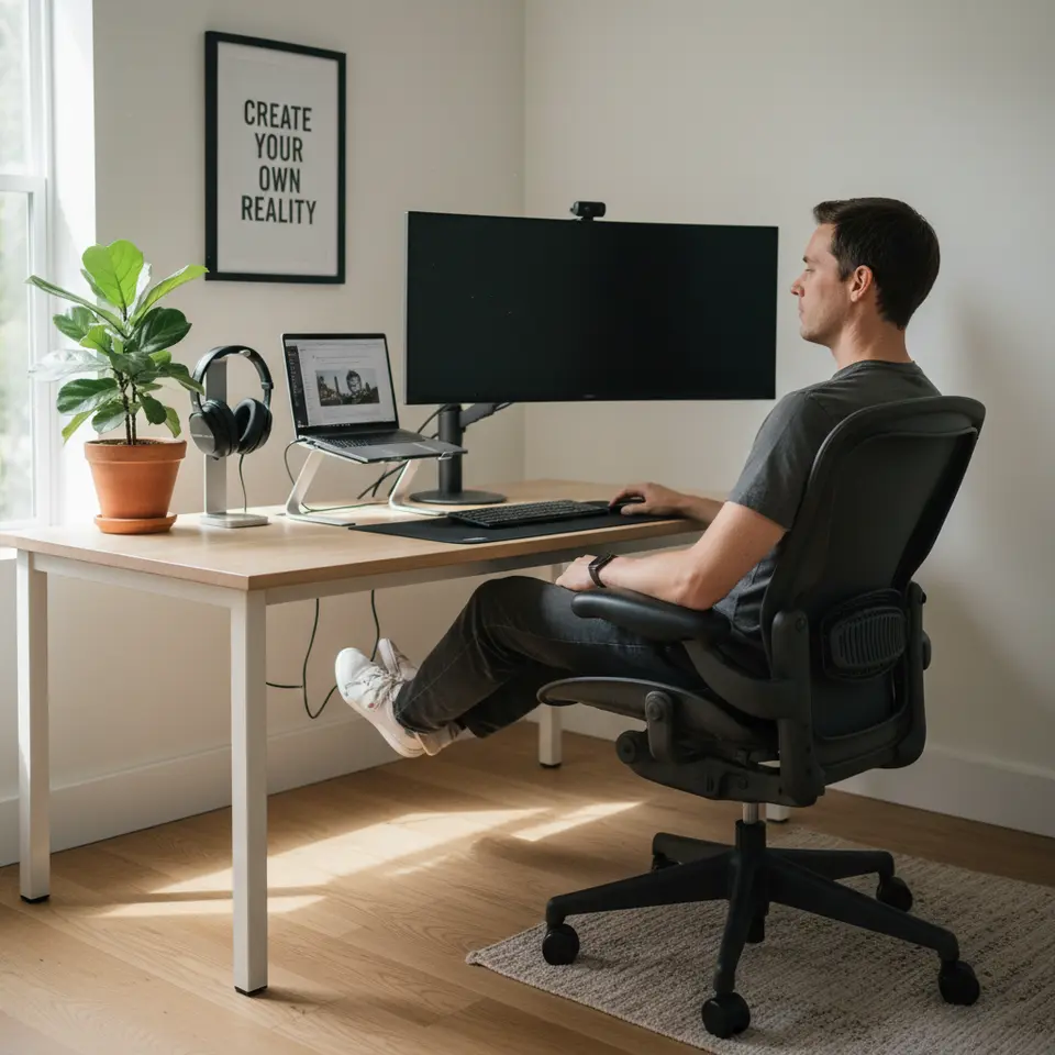 A minimalist, ergonomic workspace scene: a clutter-free desk with a sleek laptop and monitor at eye level, an ergonomic chair, noise-cancelling headphones hanging nearby, a small potted plant, a framed motivational quote on the wall, and soft natural light streaming through a window