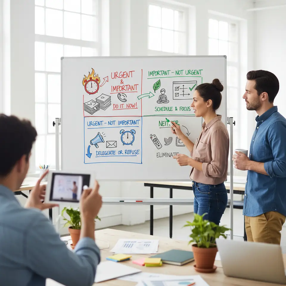 A vibrant 2×2 Eisenhower Matrix chart, each quadrant labeled "Urgent & Important," "Important - Not Urgent," "Urgent - Not Important," and "Neither," color-coded with example task icons (e.g., a clock for urgent, a checklist for important) and arrows showing how to prioritize and delegate.