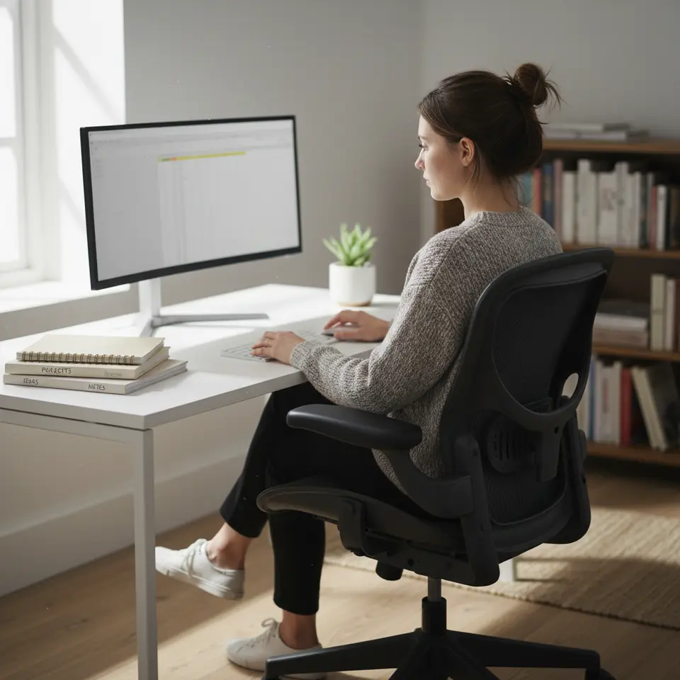A minimalist, ergonomic home office setup: a clean white desk with a raised monitor on a stand, an adjustable chair, a neatly stacked set of labeled notebooks, a wireless keyboard and mouse, a small potted plant, and soft natural light streaming through a window.