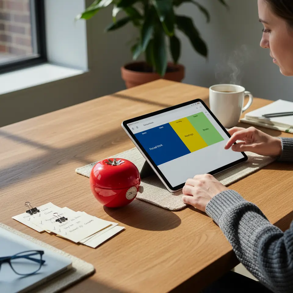 A vibrant time management scene featuring a digital calendar with color-coded blocks for ‘Focused Work,’ ‘Meetings,’ and ‘Breaks’ alongside a classic red tomato-shaped Pomodoro timer showing a 25-minute countdown and a small stack of completed task cards.