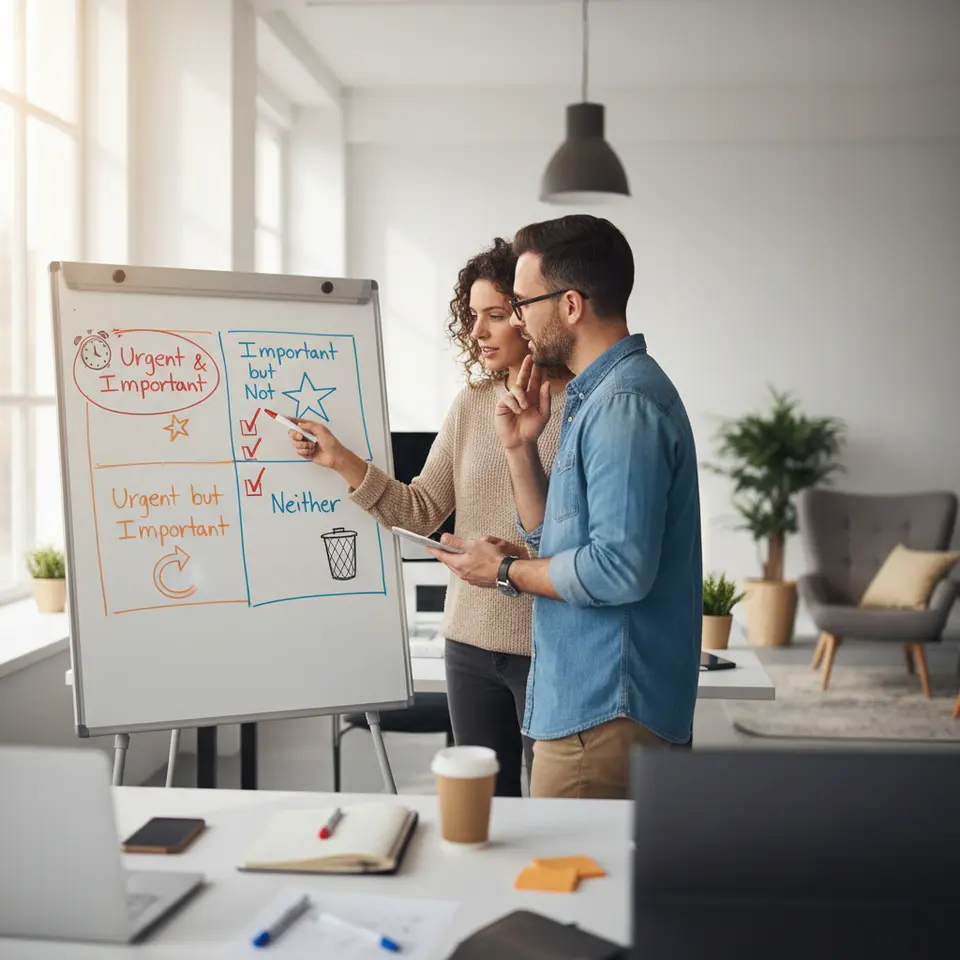 A clear four-quadrant Eisenhower Matrix infographic: top-left ‘Urgent & Important’ tasks marked in red, top-right ‘Important but Not Urgent’ in blue, bottom-left ‘Urgent but Not Important’ in orange, bottom-right ‘Neither’ in gray, each quadrant illustrated with simple icons (alarm clock, star, delegation arrow, trash bin).