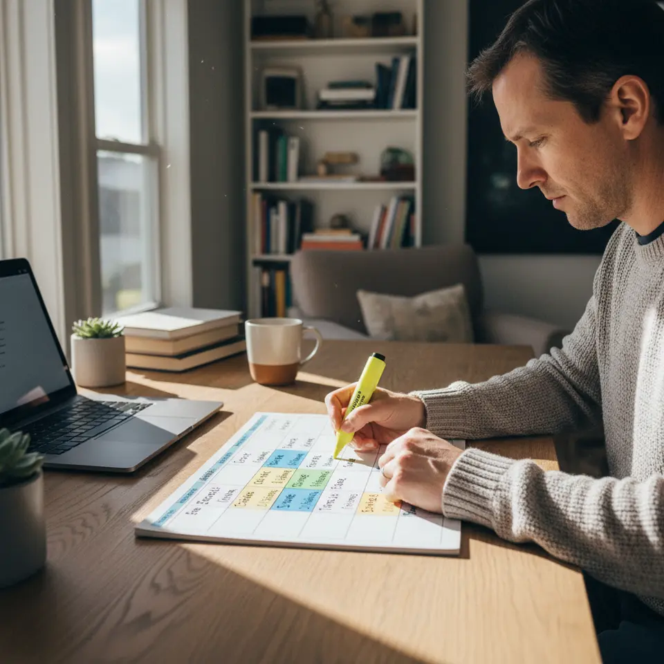 Time Blocking for Deep Focus: A colorful weekly calendar spread divided into one-hour and 90-minute blocks, each segment labeled for specific activities (Emails, Creative Work, Meetings, Breaks), with a person highlighting and scheduling tasks to illustrate uninterrupted focus.