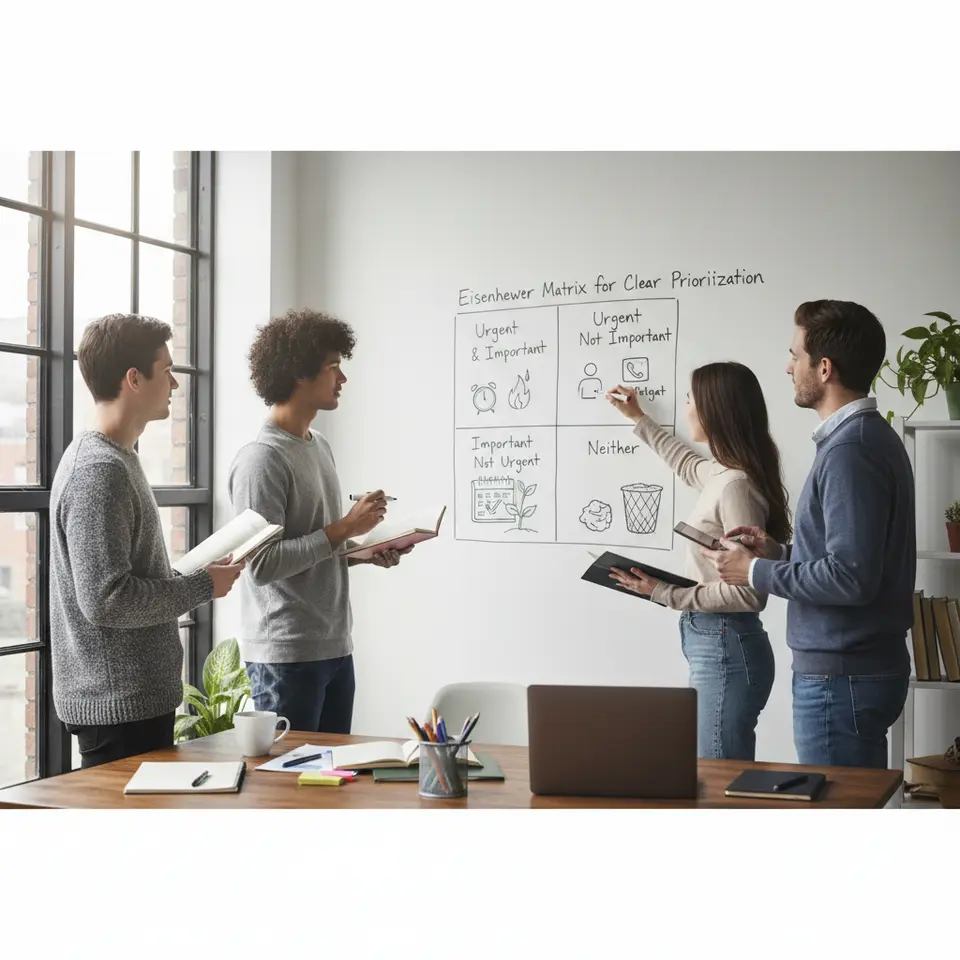 Eisenhower Matrix for Clear Prioritization: A clean four-quadrant grid labeled Urgent & Important, Important Not Urgent, Urgent Not Important, Neither, each quadrant containing distinct icons (alarm clock, calendar, delegate symbol, trash bin) to show how tasks are categorized.