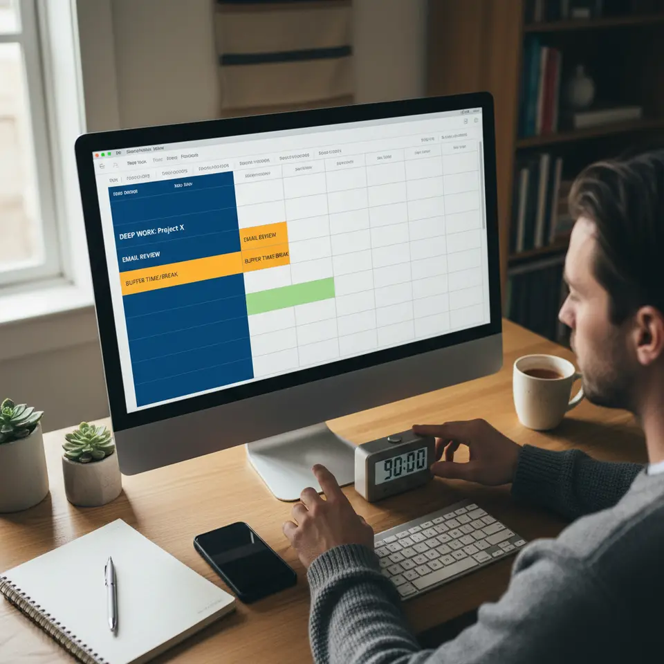 Time Blocking for Peak Focus: an overhead view of a digital calendar on a computer screen with brightly color-coded blocks for deep work, email review, and buffer times, alongside a person setting a timer and silencing notifications to focus