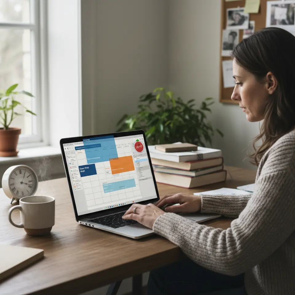 Effective Time Management Frameworks: A dynamic illustration of a weekly calendar overlaid with color-coded time blocks (deep work, email, meetings), a Pomodoro timer counting down, and a person closing extra browser tabs to focus on one task at a time.