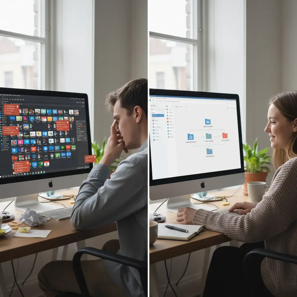Digital Minimalism and Workflow Automation: A split-screen scene showing a cluttered desktop with overflowing notifications and unused apps on one side, and on the other a clean interface with organized folders, muted alerts, and a visual flowchart linking email attachments to cloud storage and task reminders via automation tools.