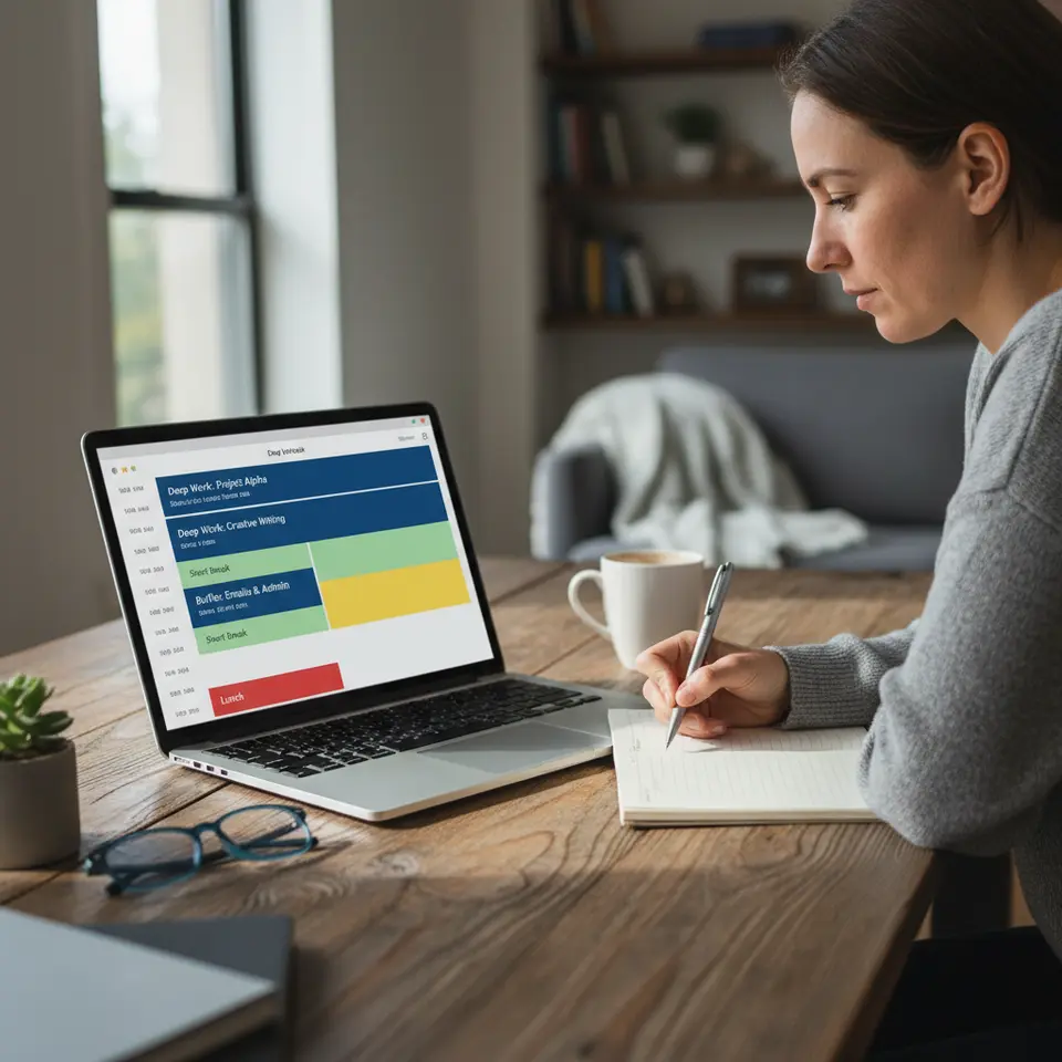 Time Blocking for Deep Work: A vibrant daily calendar interface showing clearly segmented, color-coded blocks for focused work sessions, short rest breaks, and buffer periods—illustrating how dedicated intervals map out a productive day.