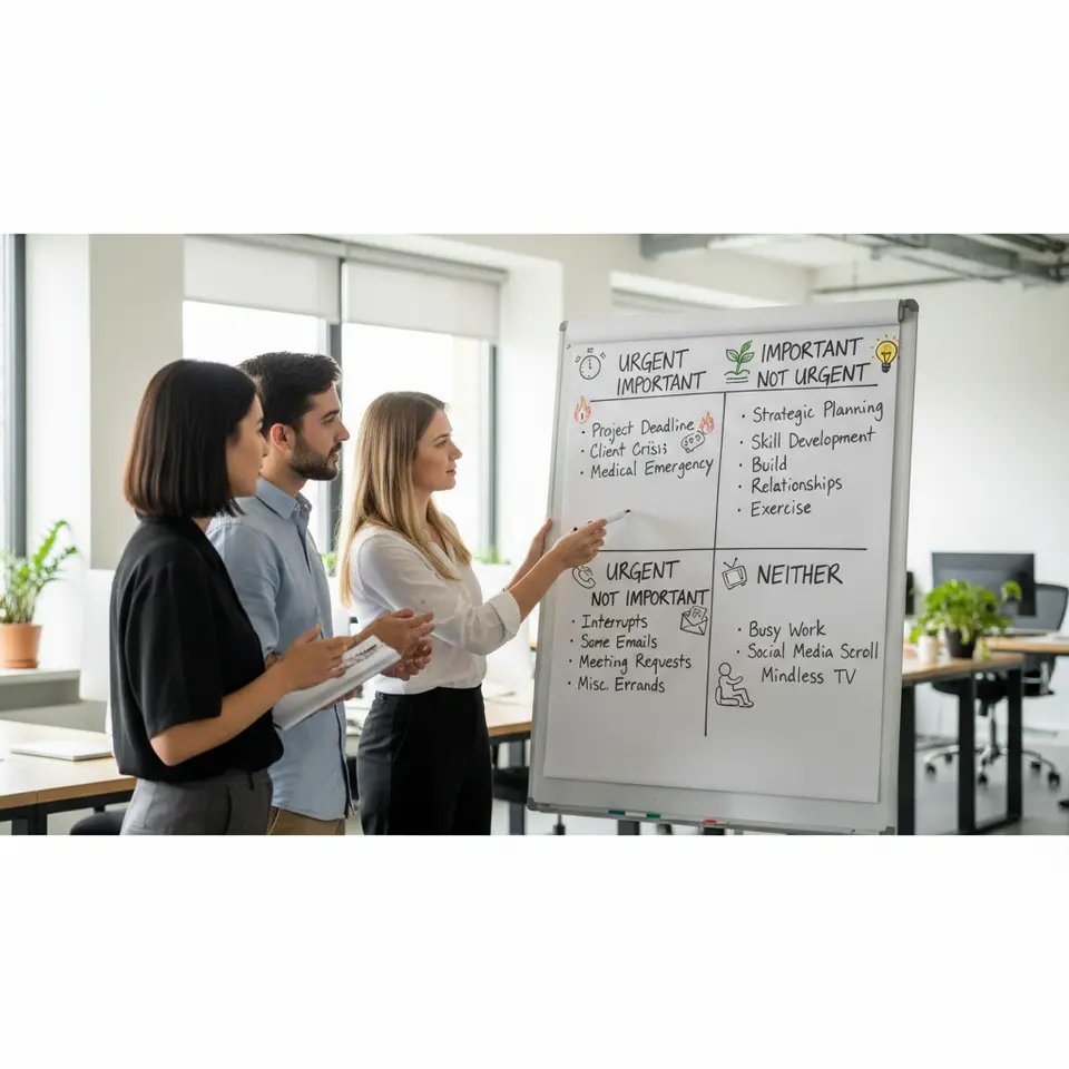 Use the Eisenhower Matrix: A clean, four-quadrant chart labeled “Urgent/Important,” “Important/Not Urgent,” “Urgent/Not Important,” and “Neither,” each populated with simple icons or example tasks to demonstrate how to categorize and prioritize work.