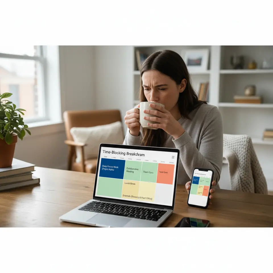 Time-Blocking Breakdown: a visual of a daily calendar with distinct, color-coded blocks for deep-focus work, collaborative meetings, breaks, and errands—displayed on a synced laptop and smartphone screen