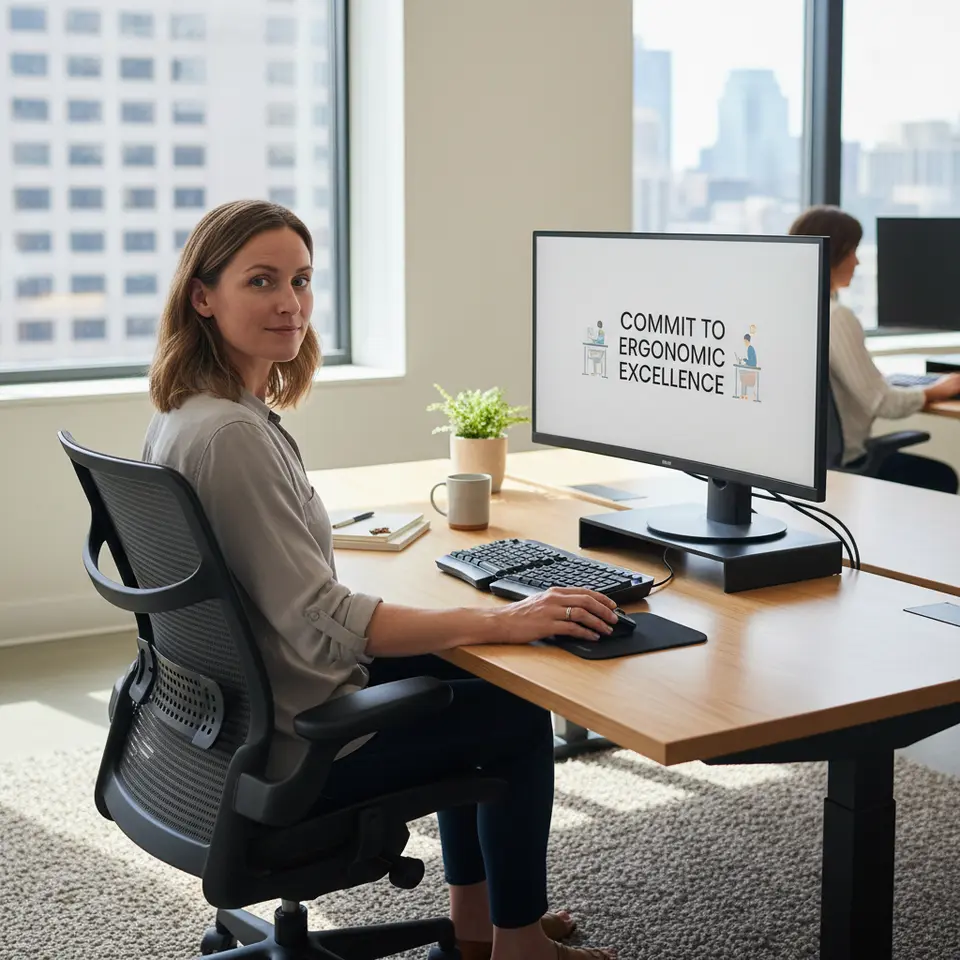 Commit to Ergonomic Excellence: an illustration of a modern workspace featuring an adjustable chair, monitor riser, ergonomic keyboard, and a person sitting with eyes level to the screen, elbows at 90°, and feet flat on the floor