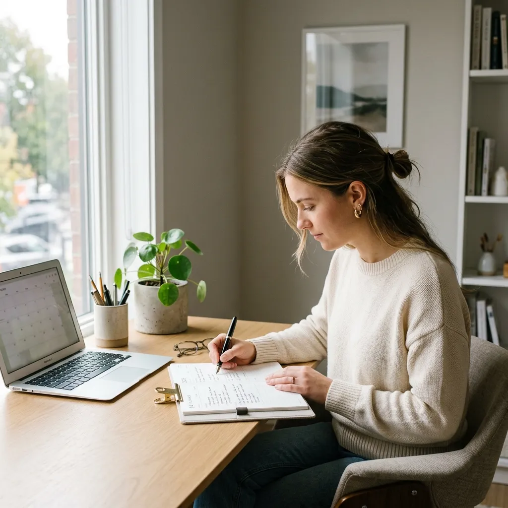 A clean, modern workspace with a person writing in a planner