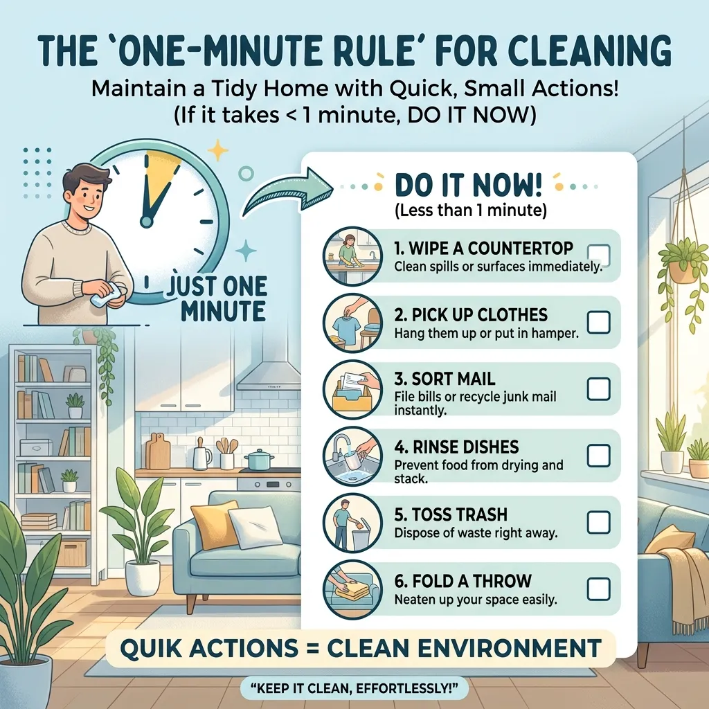 How do you implement the one-minute rule for cleaning