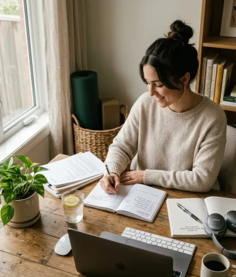 Enhance Your Routine: Everyday Tips to Improve Your Life Instantly “Person organizing workspace and following daily self-improvement habits like planning, hydration, exercise, and mindfulness for better productivity and lifestyle improvement.”everyday tips to improve your life