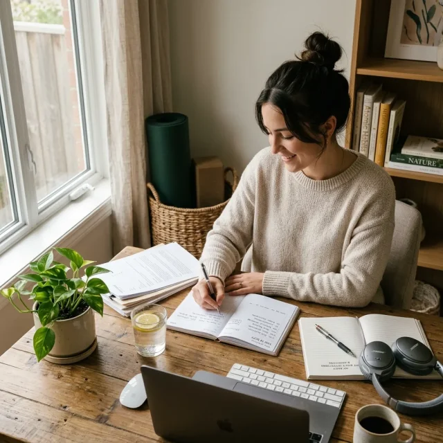 “Person organizing workspace and following daily self-improvement habits like planning, hydration, exercise, and mindfulness for better productivity and lifestyle improvement.”everyday tips to improve your life